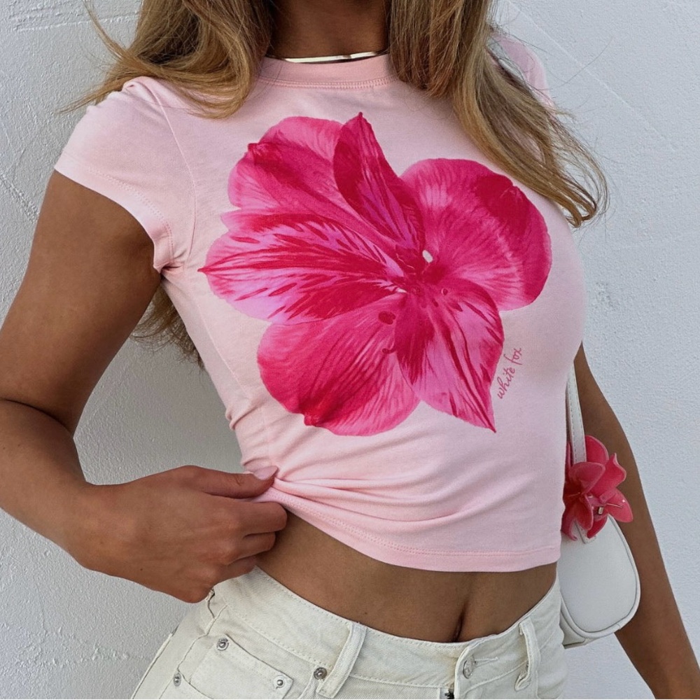 White Fox Boutique Pink Hibiscus Short Sleeve Tee